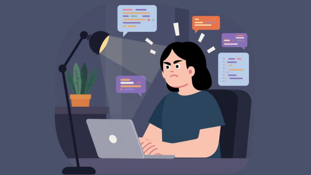 An illustration of a stressed person working late at night on a laptop, surrounded by floating analytics and data code bubbles, representing the mental toll of building an online business.