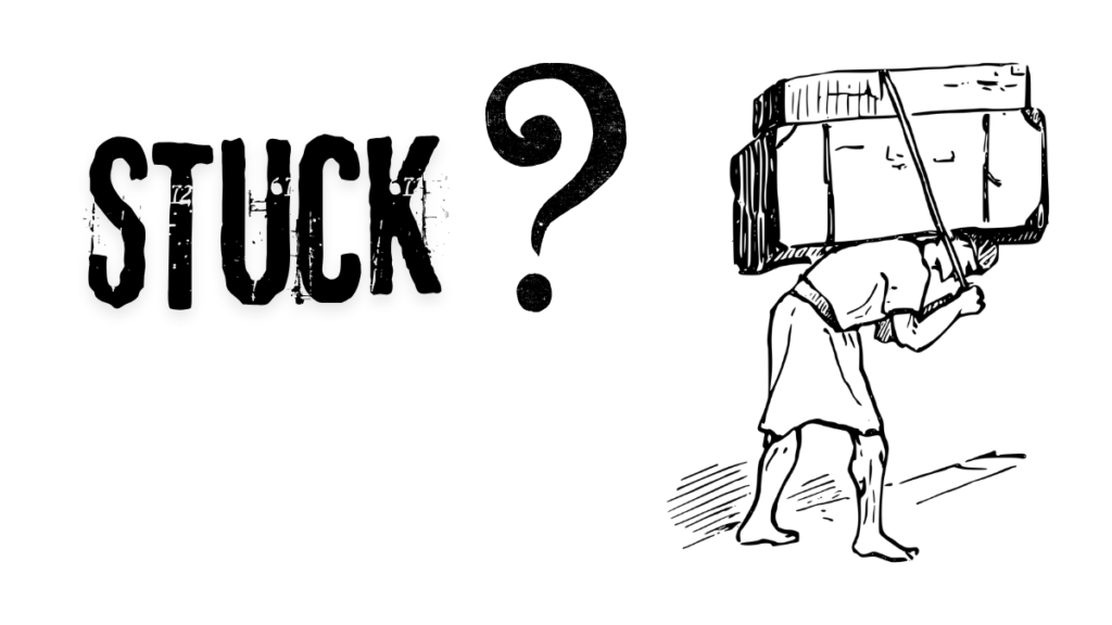 Illustration of a person carrying a heavy load with the text STUCK? for Ordaxi mindset blog