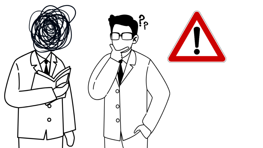 Illustration of two businessmen in suits; one has a scribbled tangled mess over his head while reading, and the next is thoughtfully scratching his chin with question marks next to a red warning sign.
